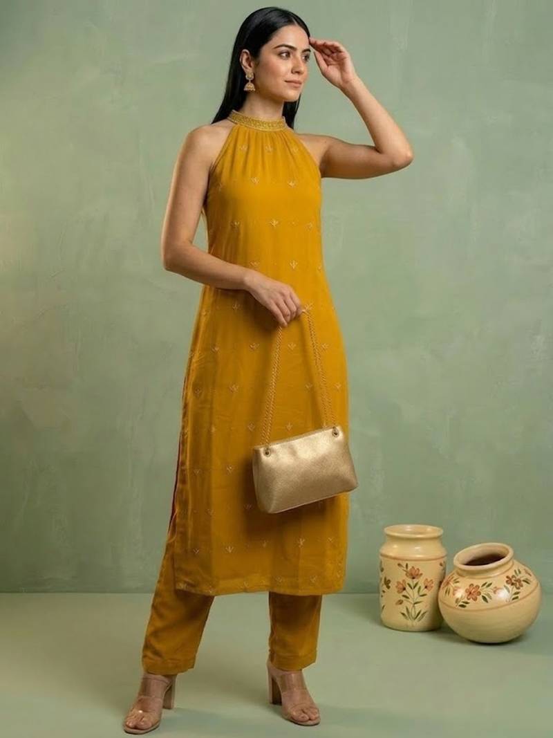 Women Ethnic Motifs Embroidered Regular Thread Work Silk Georgette Kurta with Trousers