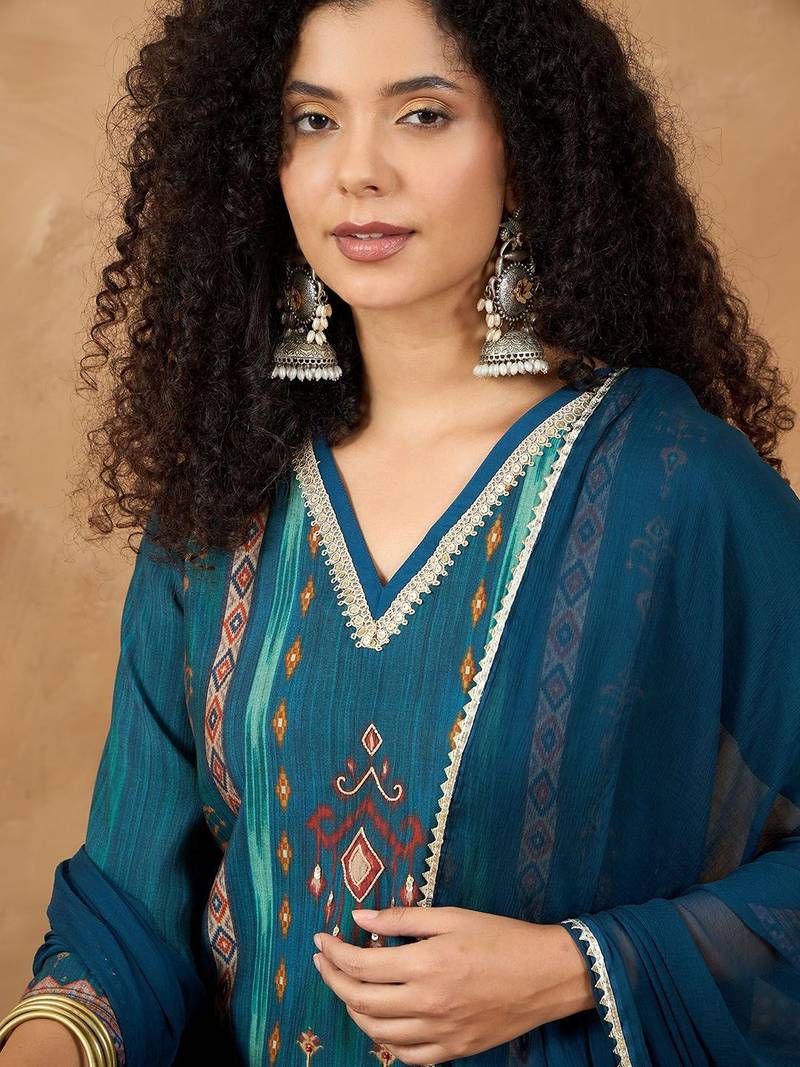 Women Ethnic Motifs Printed Regular Gotta Patti Kurta with Trousers & Dupatta