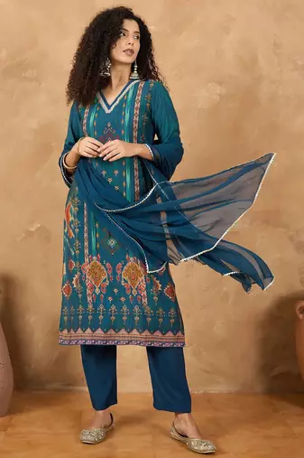 Women Ethnic Motifs Printed Regular Gotta Patti Kurta with Trousers & Dupatta