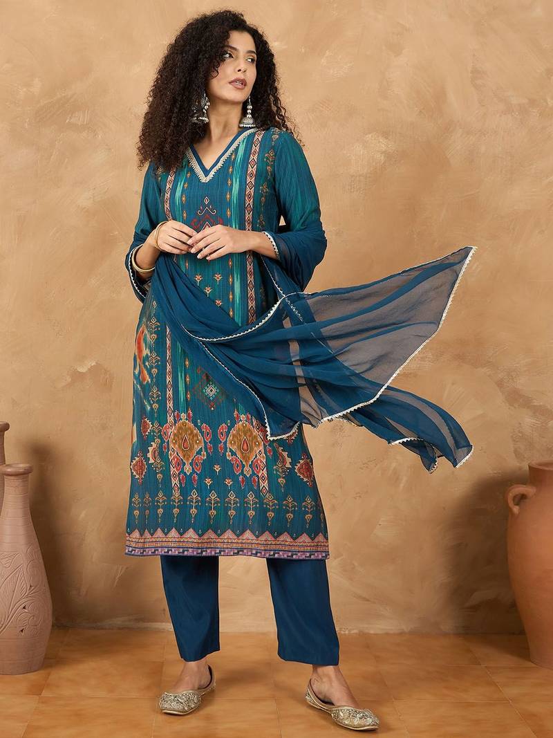 Women Ethnic Motifs Printed Regular Gotta Patti Kurta with Trousers & Dupatta