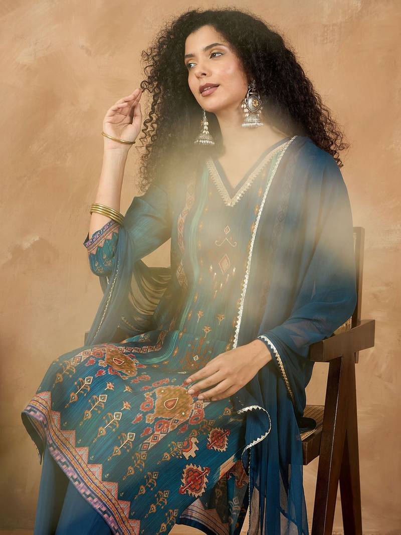 Women Ethnic Motifs Printed Regular Gotta Patti Kurta with Trousers & Dupatta