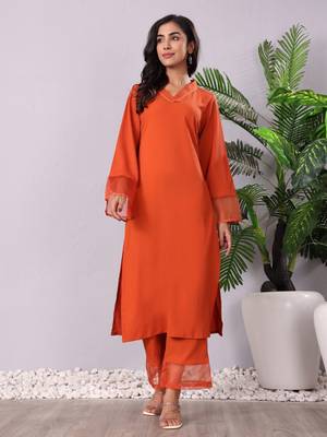 Rust V-Neck Long Flared Sleeves Straight Kurta With Palazzo 1