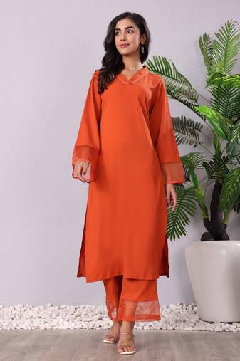 Rust V-Neck Long Flared Sleeves Straight Kurta With Palazzo