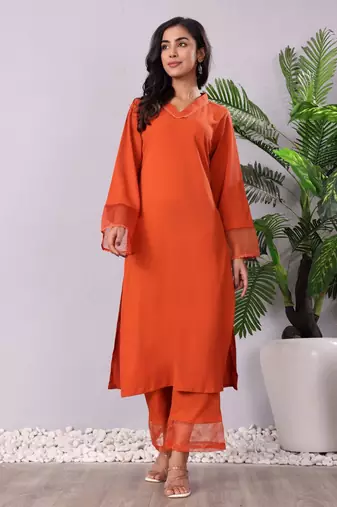 Rust V-Neck Long Flared Sleeves Straight Kurta With Palazzo