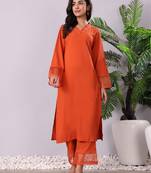 Rust V-Neck Long Flared Sleeves Straight Kurta With Palazzo