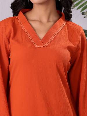 Rust V-Neck Long Flared Sleeves Straight Kurta With Palazzo 2