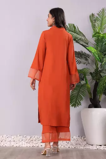 Rust V-Neck Long Flared Sleeves Straight Kurta With Palazzo