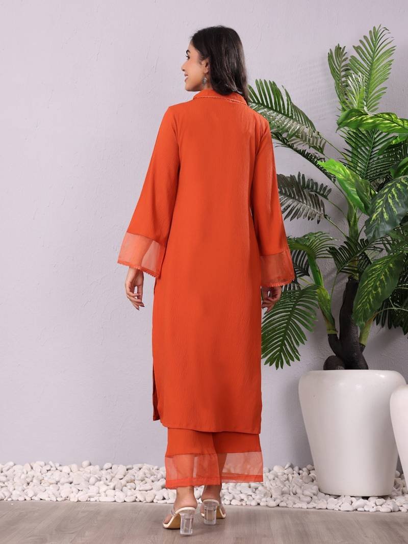 Rust V-Neck Long Flared Sleeves Straight Kurta With Palazzo