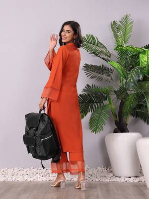 Rust V-Neck Long Flared Sleeves Straight Kurta With Palazzo 4