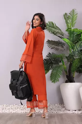 Rust V-Neck Long Flared Sleeves Straight Kurta With Palazzo