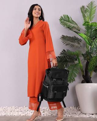 Rust V-Neck Long Flared Sleeves Straight Kurta With Palazzo 5