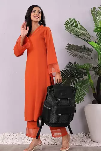 Rust V-Neck Long Flared Sleeves Straight Kurta With Palazzo