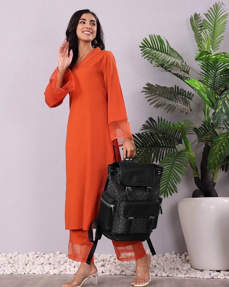 Rust V-Neck Long Flared Sleeves Straight Kurta With Palazzo
