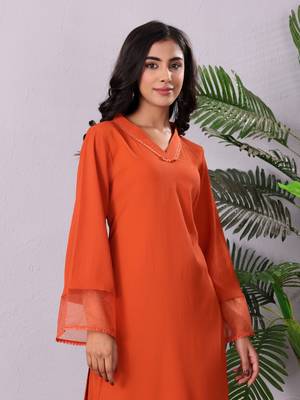 Rust V-Neck Long Flared Sleeves Straight Kurta With Palazzo 6