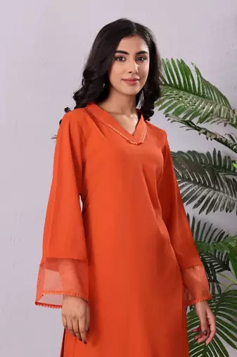 Rust V-Neck Long Flared Sleeves Straight Kurta With Palazzo