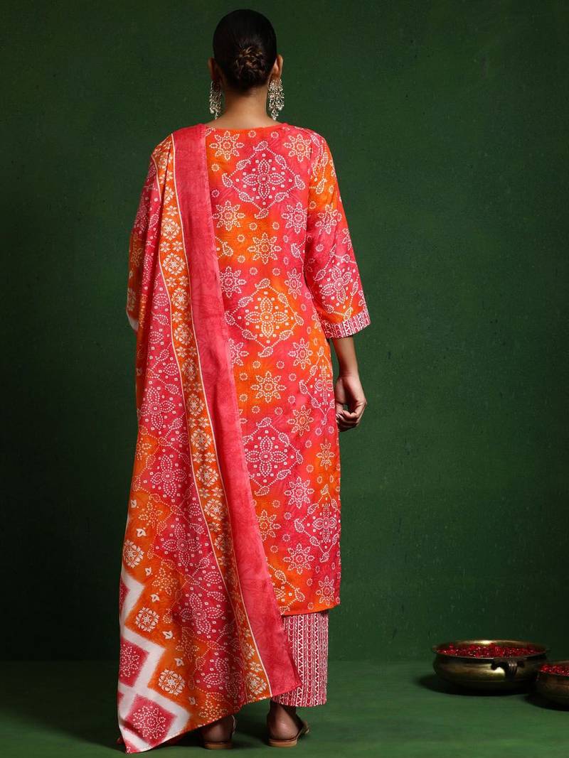 Bandhani Printed V-Neck Thread Work Kurta With Trousers & Dupatta