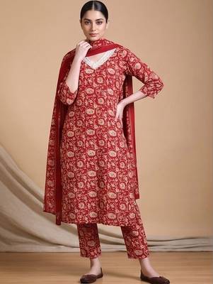 Women Floral Printed Regular Chikankari Kurta with Trousers & With Dupatta 1