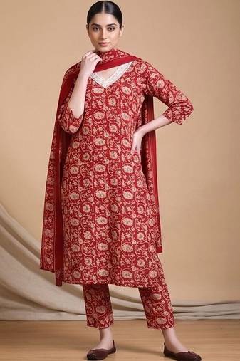 Women Floral Printed Regular Chikankari Kurta with Trousers & With Dupatta