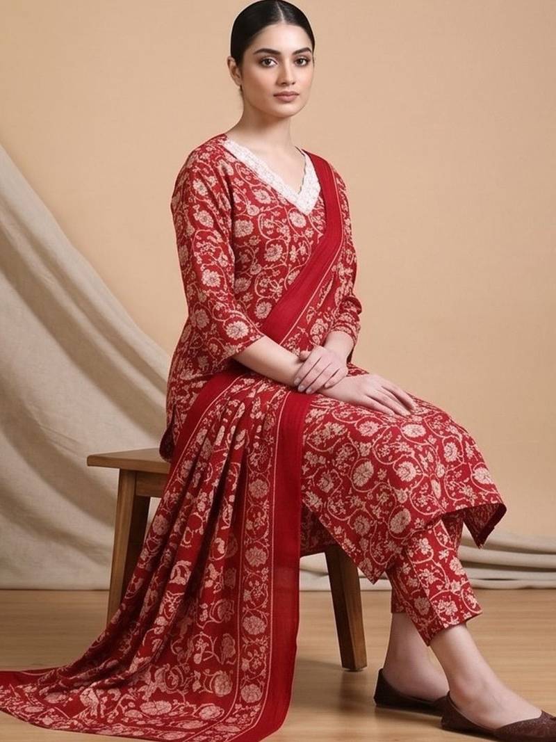 Women Floral Printed Regular Chikankari Kurta with Trousers & With Dupatta
