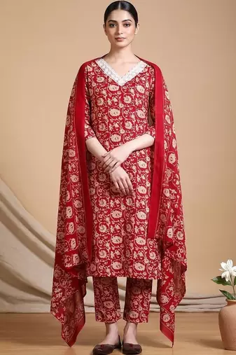 Women Floral Printed Regular Chikankari Kurta with Trousers & With Dupatta