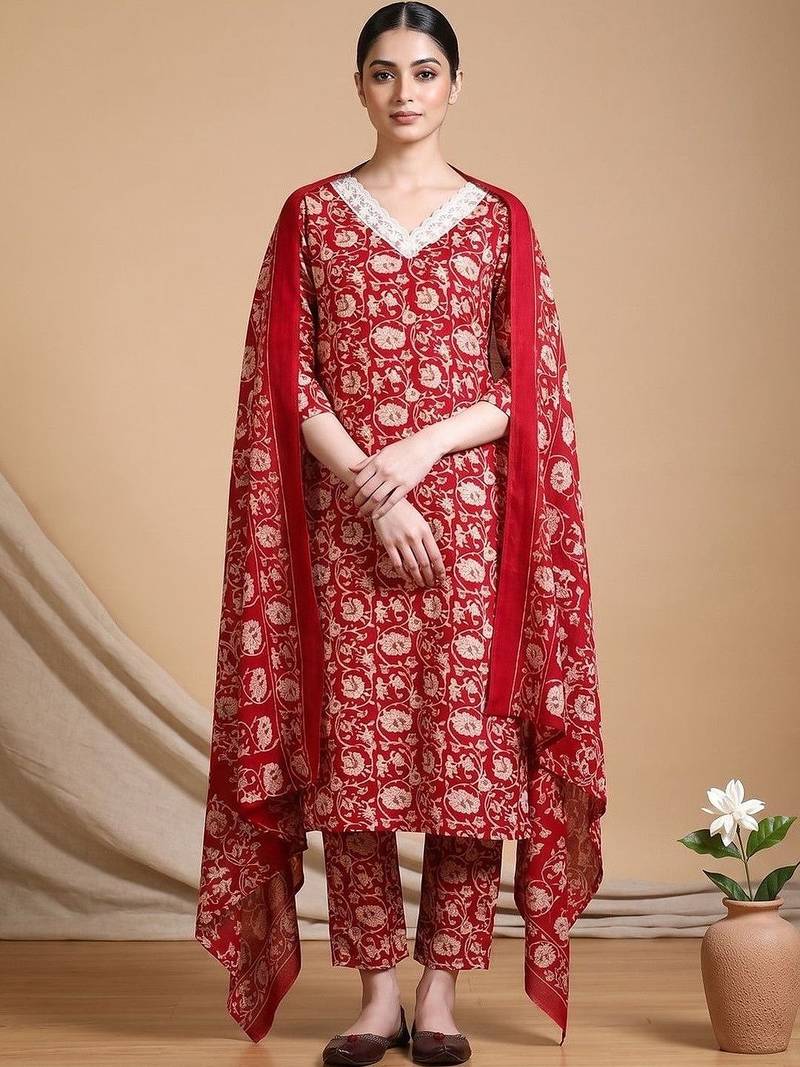 Women Floral Printed Regular Chikankari Kurta with Trousers & With Dupatta