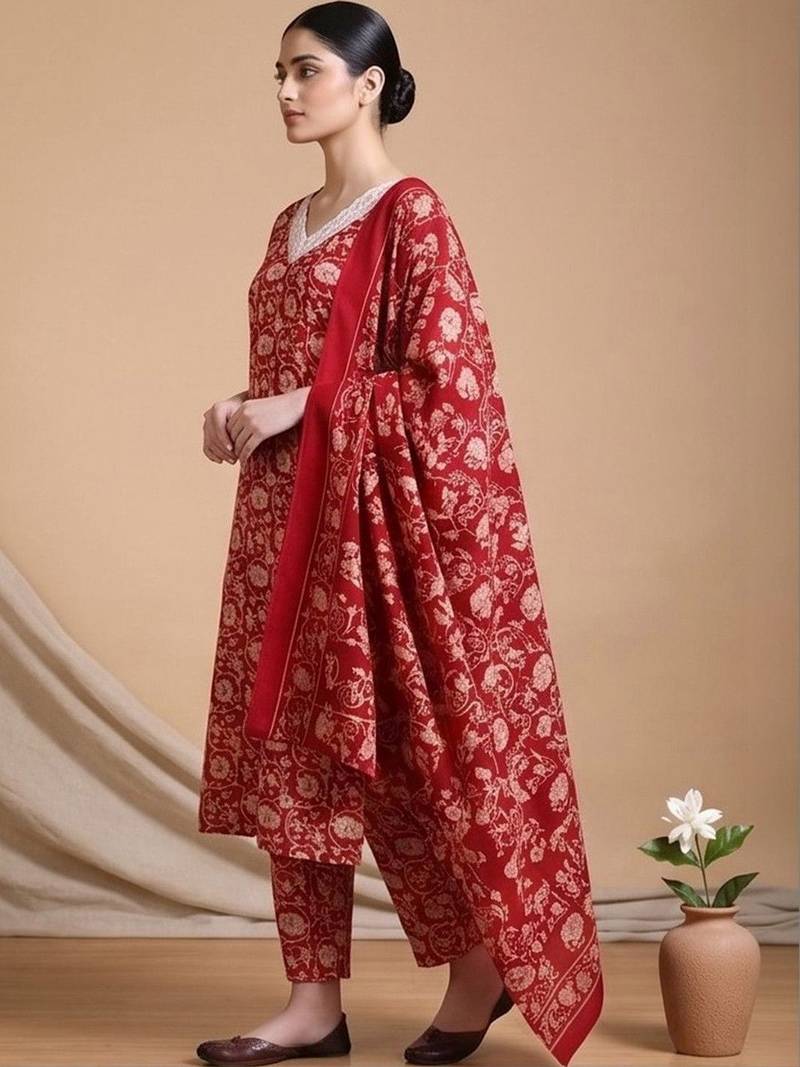 Women Floral Printed Regular Chikankari Kurta with Trousers & With Dupatta