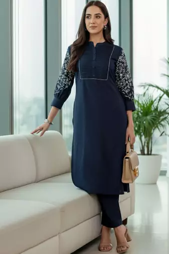 Women Ethnic Motifs Embroidered Panelled Thread Work Kurta with Trousers