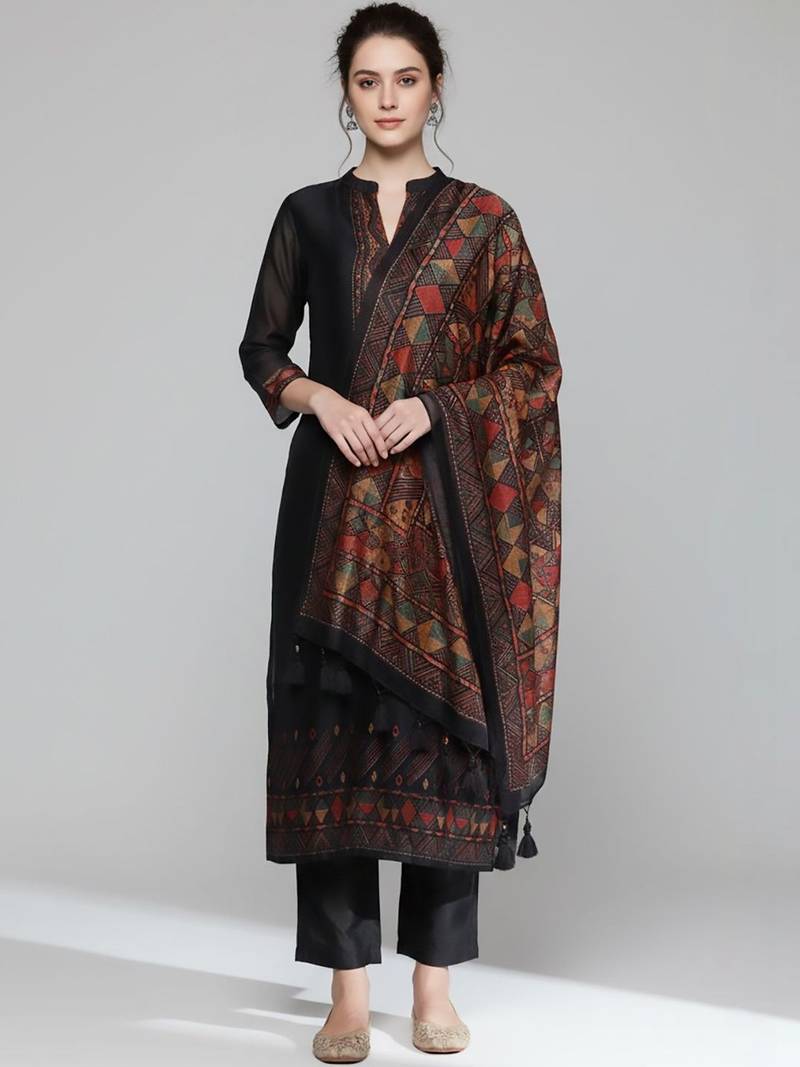 Women Regular Chanderi Silk Kurta with Trousers & With Dupatta