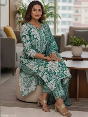 Women Floral Printed Regular Pure Cotton Kurta with Trousers & With Dupatta 1
