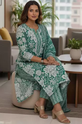 Women Floral Printed Regular Pure Cotton Kurta with Trousers & With Dupatta