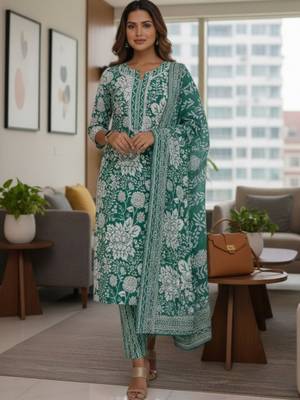 Women Floral Printed Regular Pure Cotton Kurta with Trousers & With Dupatta 2