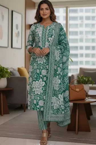 Women Floral Printed Regular Pure Cotton Kurta with Trousers & With Dupatta
