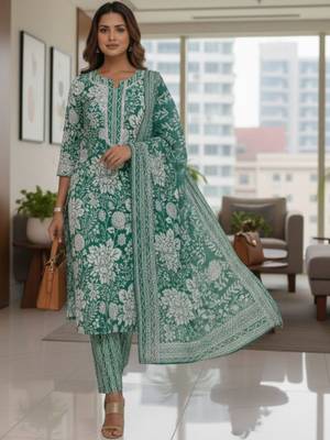 Women Floral Printed Regular Pure Cotton Kurta with Trousers & With Dupatta 3