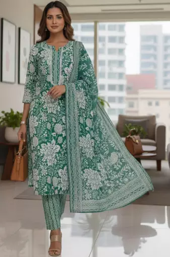Women Floral Printed Regular Pure Cotton Kurta with Trousers & With Dupatta
