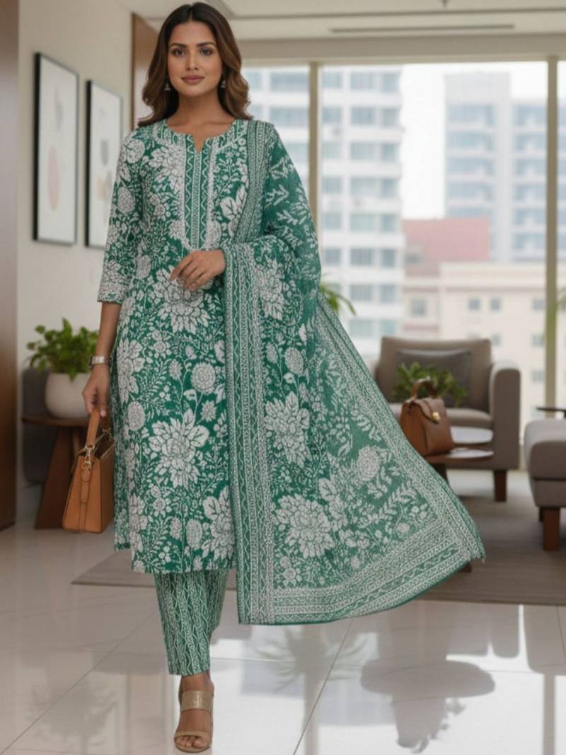 Women Floral Printed Regular Pure Cotton Kurta with Trousers & With Dupatta