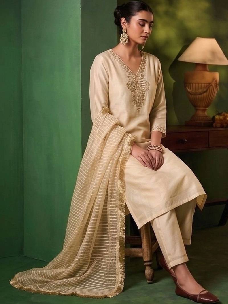 Women Ethnic Motifs Embroidered Regular Thread Work Kurta with Trousers & With Dupatta