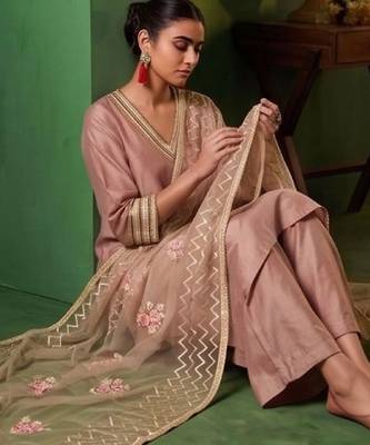 Women Ethnic Motifs Regular Thread Work Kurta with Palazzos & With Dupatta 5