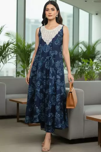 Women Floral Printed Regular Thread Work Pure Cotton Kurta with Trousers