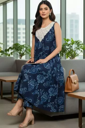 Women Floral Printed Regular Thread Work Pure Cotton Kurta with Trousers