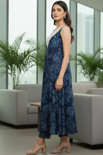 Women Floral Printed Regular Thread Work Pure Cotton Kurta with Trousers