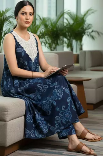 Women Floral Printed Regular Thread Work Pure Cotton Kurta with Trousers