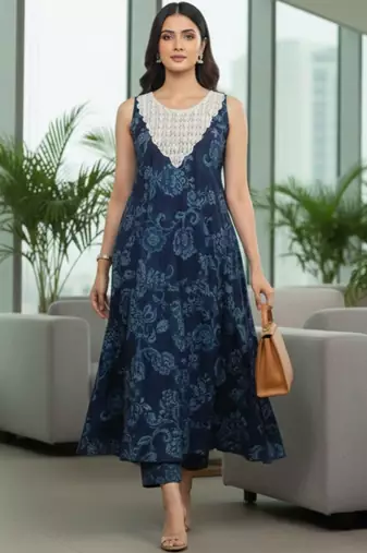 Women Floral Printed Regular Thread Work Pure Cotton Kurta with Trousers