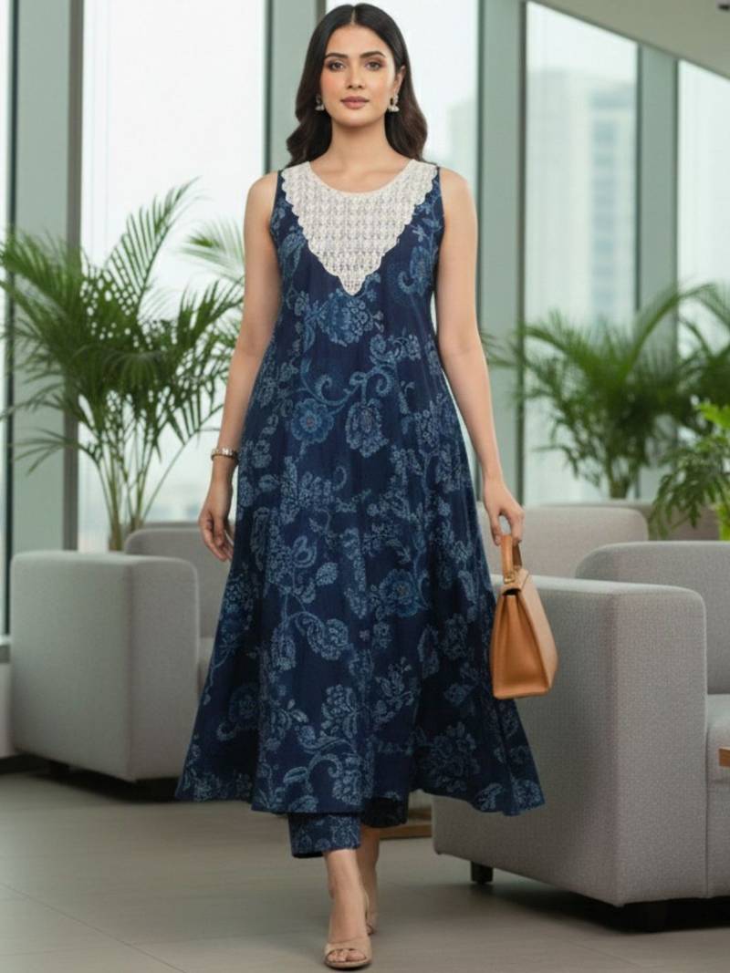 Women Floral Printed Regular Thread Work Pure Cotton Kurta with Trousers