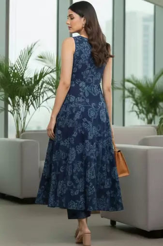 Women Floral Printed Regular Thread Work Pure Cotton Kurta with Trousers