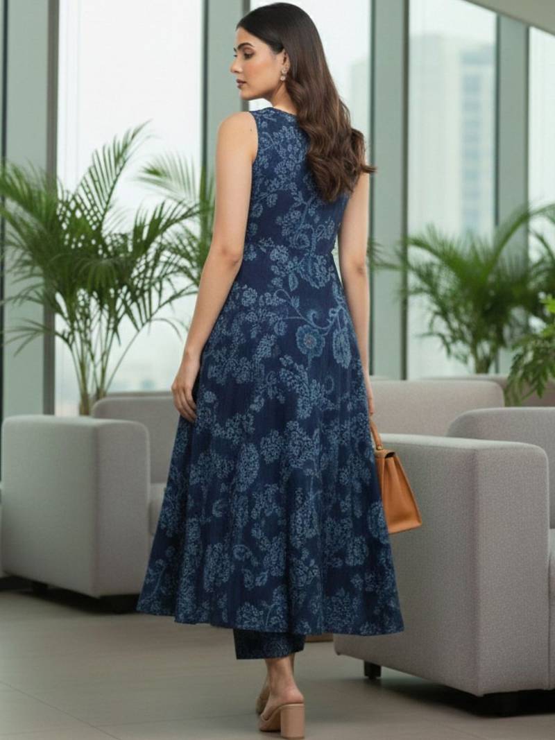 Women Floral Printed Regular Thread Work Pure Cotton Kurta with Trousers