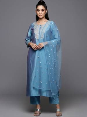 Women Ethnic Motifs Embroidered Regular Sequinned Chanderi Silk Kurta with Trousers & With Dupatta 1