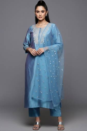 Women Ethnic Motifs Embroidered Regular Sequinned Chanderi Silk Kurta with Trousers & With Dupatta