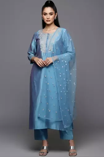 Women Ethnic Motifs Embroidered Regular Sequinned Chanderi Silk Kurta with Trousers & With Dupatta