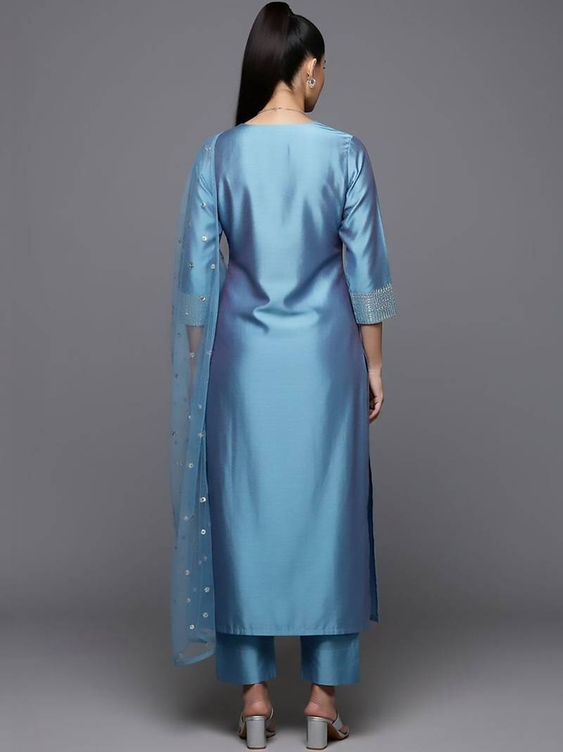 Women Ethnic Motifs Embroidered Regular Sequinned Chanderi Silk Kurta with Trousers & With Dupatta