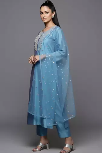 Women Ethnic Motifs Embroidered Regular Sequinned Chanderi Silk Kurta with Trousers & With Dupatta